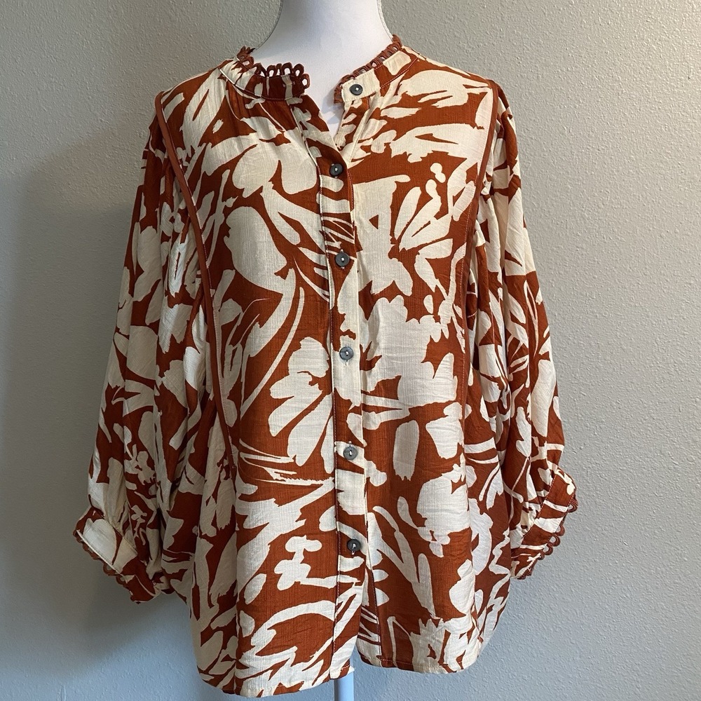 Entro Floral 3/4 Balloon Sleeve Button Down Blouse Rust Ivory Small Boutique - Picture 9 of 12